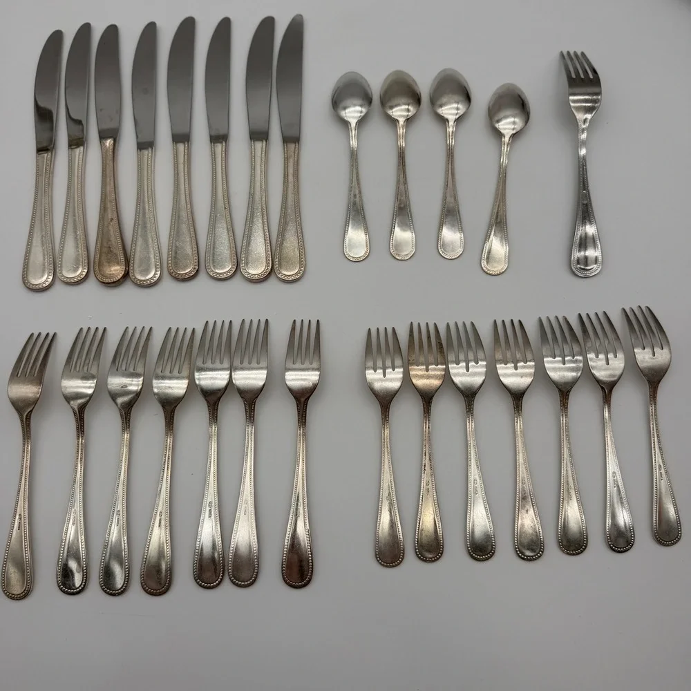 International Silver Stainless Flatware Set 27pc Beaded Pattern Korea Glossy